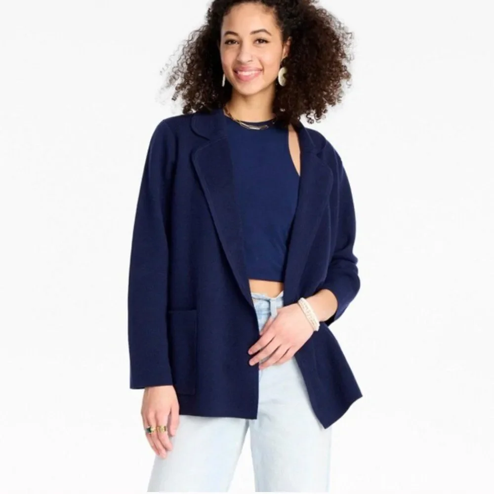 Womens J.Crew Eloise Navy Blue Wool Blend Open Knit Blazer Pockets Workwear